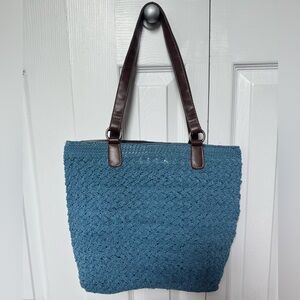 Blue Crochet Woven Tote Bag with Brown Straps